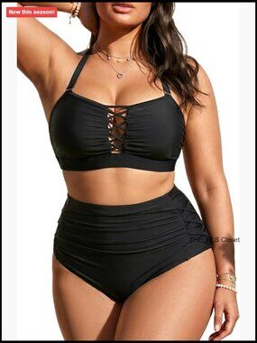 Plus Size Bandeau Bikini Set High Waisted Tummy Control Swimwear